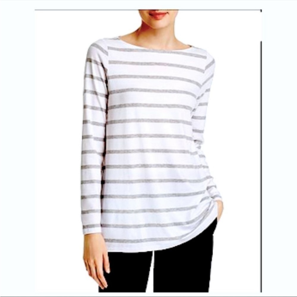Eileen Fisher Striped Lyocell Jersey Long Sleeve Box Top Shirt Gray White Sz S